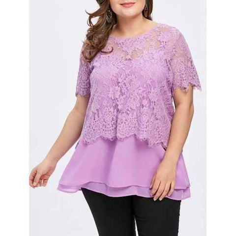 Plus Size Short Sleeve Lace Twinset Tops - Light Purple Xl