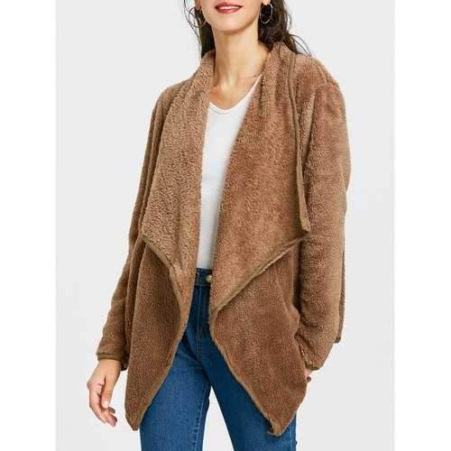 Drape Front Furry Jacket - Khaki L