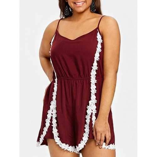 Plus Size Spaghetti Straps Romper with Crochet Lace - Wine Red Xl