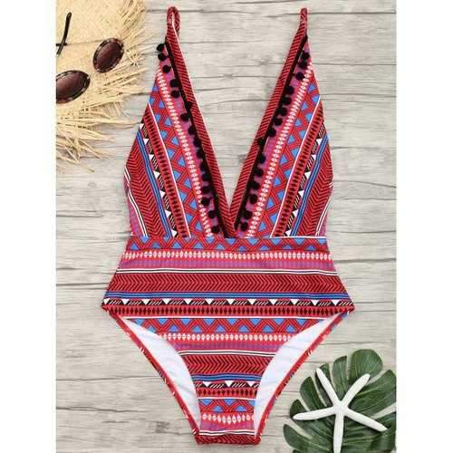 Plunge Neck Pompom Backless Printed Swimsuit - S