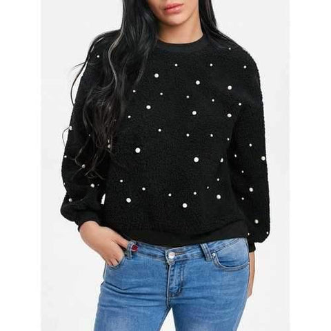 Beaded Faux Shearling Sweatshirt - Black M