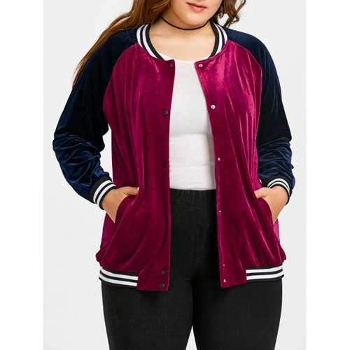 Velvet Raglan Sleeve Plus Size Baseball Jacket - Wine Red Xl