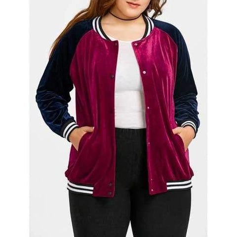 Velvet Raglan Sleeve Plus Size Baseball Jacket - Wine Red Xl