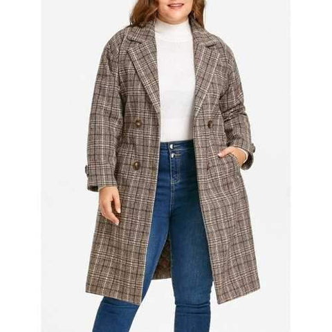 Drop Shoulder Tweed Plaid Plus Size Coat - Coffee 5xl