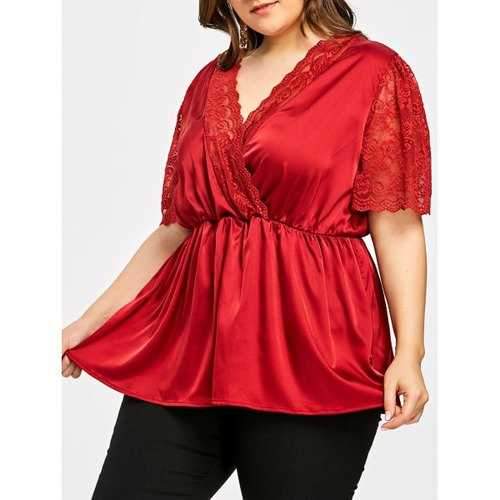 Plus Size Lace Trim Surplice Blouse - Wine Red Xl