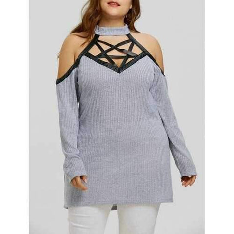 Plus Size Faux Leather Star Caged Blouse - Gray Xl