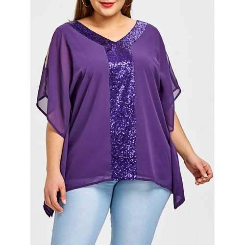 Plus Size Sequin Cut Out Chiffon Blouse - Purple Xl