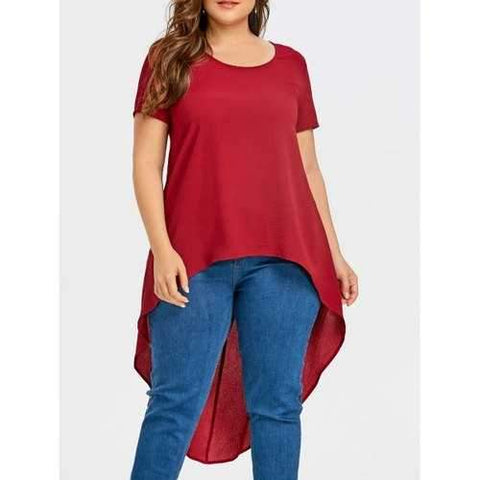 Plus Size High Low Short Sleeve Blouse - Red 3xl