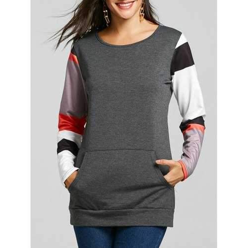 Kangaroo Pocket Color Block Sleeve Panel Sweatshirt - Deep Gray S