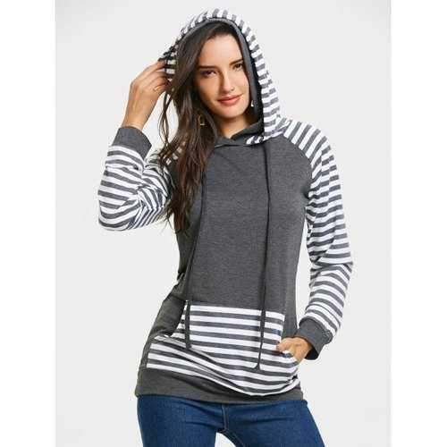 Kangaroo Pocket Stripe Panel Raglan Sleeve Hoodie - Dark Grey S