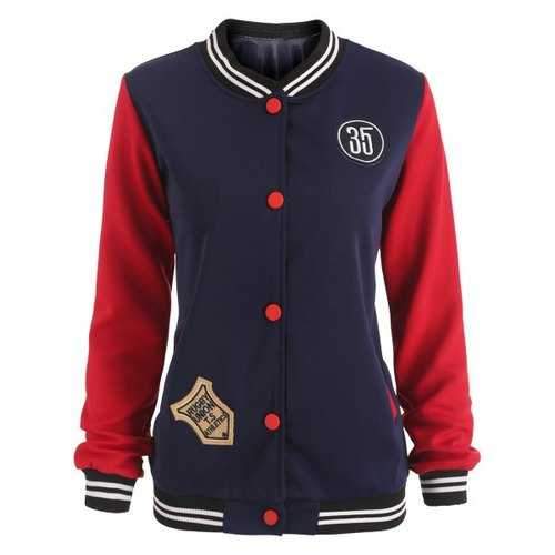 Patches Buttoned Baseball Jacket - Purplish Blue S