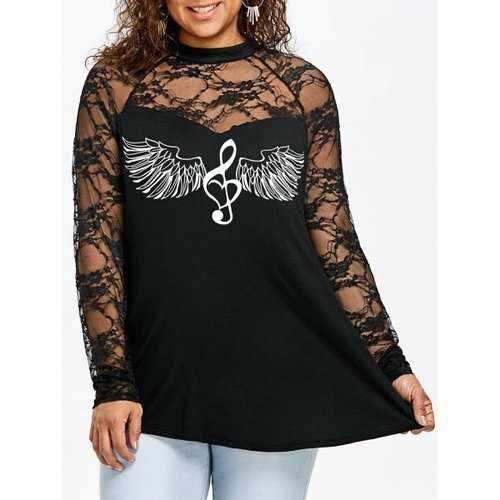 Plus Size Lace Panel Wings Music Note Print Top - Black Xl