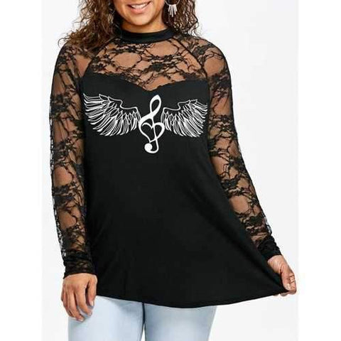 Plus Size Lace Panel Wings Music Note Print Top - Black Xl