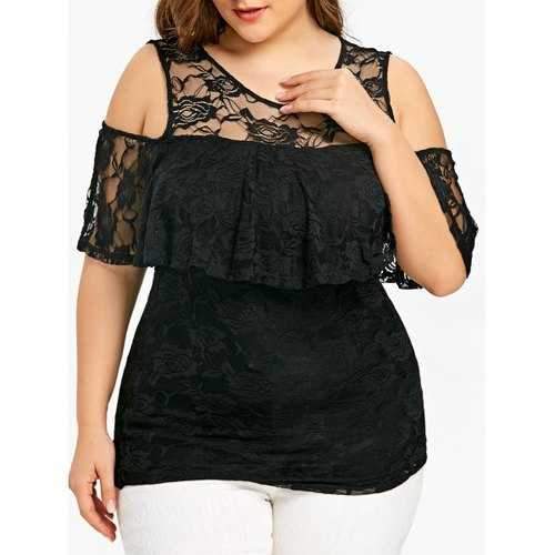 Plus Size Cold Shoulder Overlay Lace Blouse - Black Xl