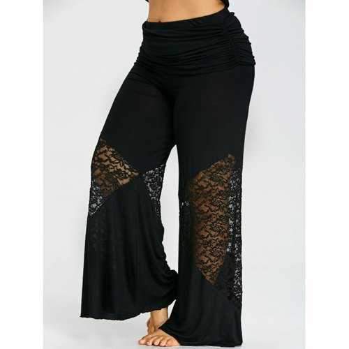 Plus Size Foldover Lace Insert Palazzo Pants - Black Xl