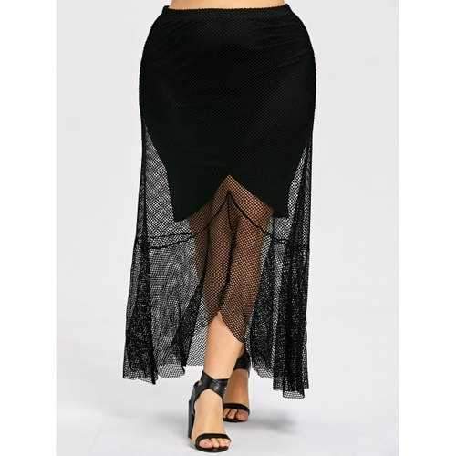 Plus Size High Low Hem Maxi Mesh Skirt - Black Xl