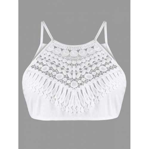 Spaghetti Strap Crochet Hollow Out Crop Top - White M