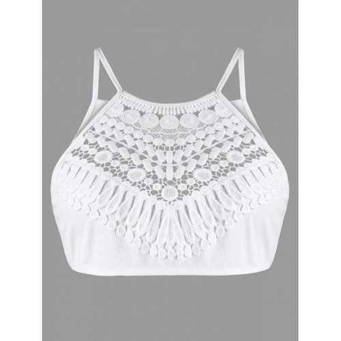 Spaghetti Strap Crochet Hollow Out Crop Top - White M