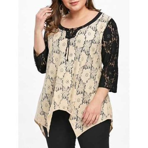 Plus Size Floral Two Tone Lace Blouse - Apricot Xl