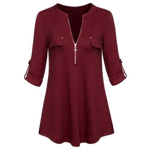 Plus Size Roll-Tab Sleeve T-shirt with Zipper - Burgundy Xl