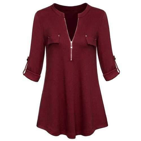 Plus Size Roll-Tab Sleeve T-shirt with Zipper - Burgundy Xl