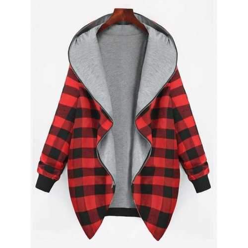 Plus Size Plaid Full Zip Up Hooded Coat - Red Xl