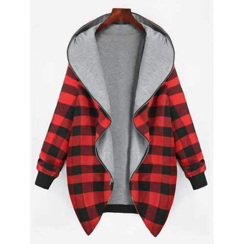 Plus Size Plaid Full Zip Up Hooded Coat - Red Xl