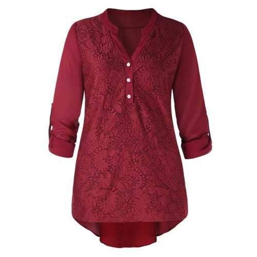 Lace Panel Plus Size Long Sleeve Blouse - Wine Red Xl