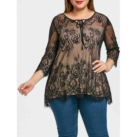 Plus Size Scalloped Edge Lace Blouse - Black Xl