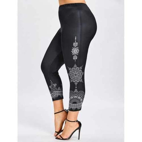 Plus Size Elastic Waist Ethnic Print Leggings - Black Xl