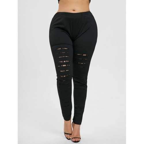 Plus Size Lace Trim Ripped Leggings - Black Xl