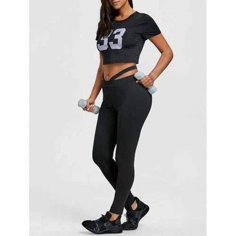 Letter Print Cropped Top and Gym Leggings Set - Black M