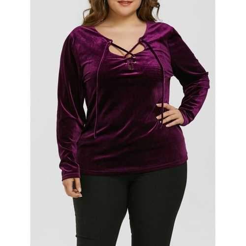 Plus Size Lattice Low Cut Velvet Blouse - Purple 4xl