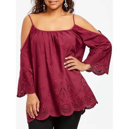 Plus Size Openwork Cold Shoulder Blouse - Wine Red Xl