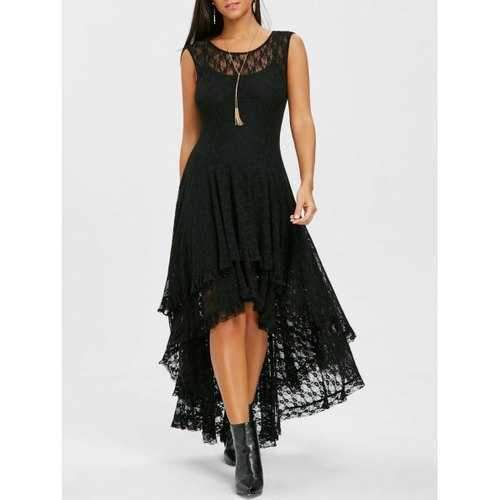 Sleeveless Lace High Low Dress - Black M