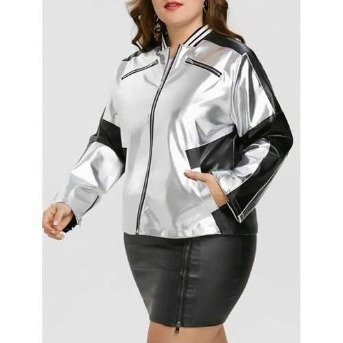 Plus Size Faux Leather Panel Zipper Jacket - Silver And Black Xl