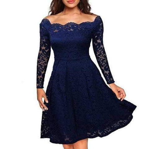 Robe Femme Embroidery Vintage Lace  Women Off Shoulder  Long Sleeve Casual Evening Party  Dress - Dark Blue S