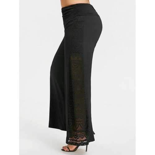 Plus Size Lace Panel Wide Leg Pants - Black Xl