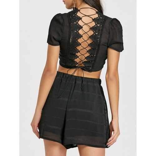 Back Lace-up Two Piece Shorts Set - Black M