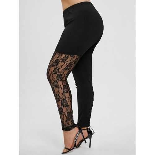 Plus Size Lace Panel Lace Up Leggings - Black 2xl