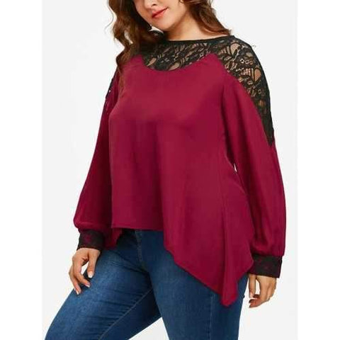 Plus Size Lace Panel Long Sleeve Asymmetrical Blouse - Burgundy Xl