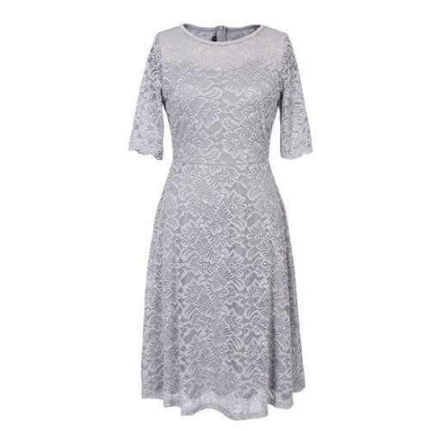 New Style Woman Elegant Summer Fashion Short Sleeve Sexy Lace O Neck Party Dress - Silver Gray L