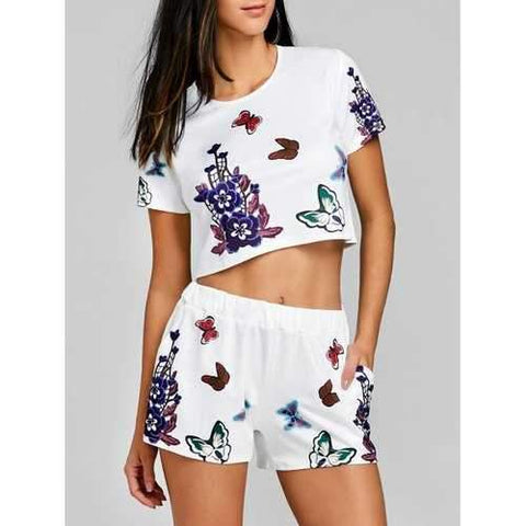 Floral Print Crop Top With High Waisted Shorts - White S