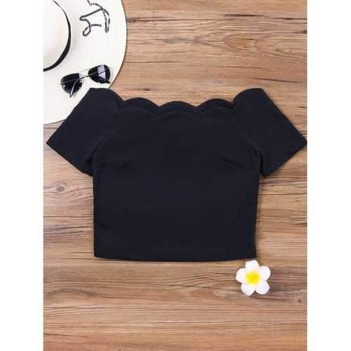 Short Sleeve Crop Top with Scalloped Collar - Black L