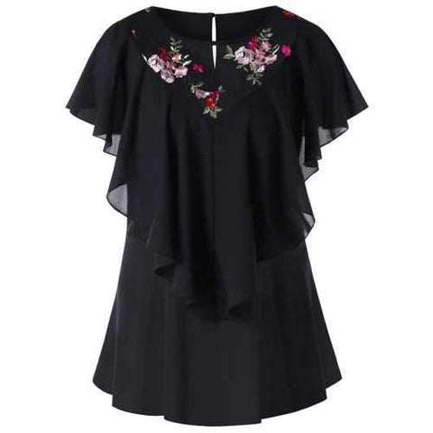 Plus Size Embroidery Mesh Panel Flounce Blouse - Black 5xl