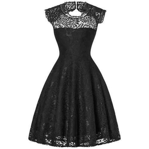 Open Back Flare Cocktail Lace Dress - Black L