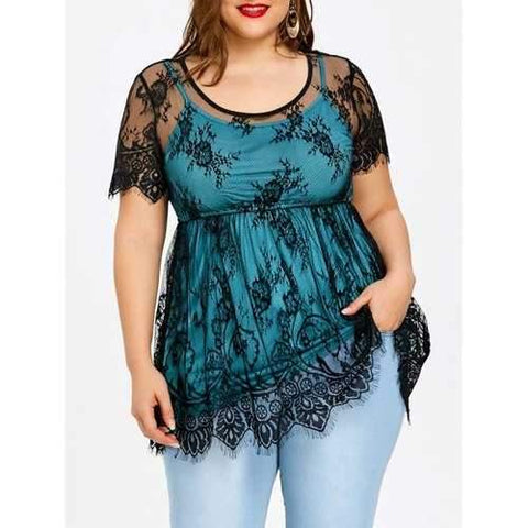 Plus Size Flower Lace Overlay Top - Blue And Black 2xl