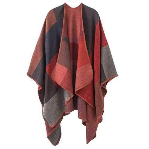 Plus Size Color Block Collarless Poncho - Red One Size