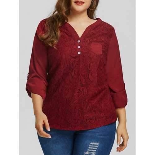 Plus Size Lace High Low Pocket Blouse - Wine Red 2xl