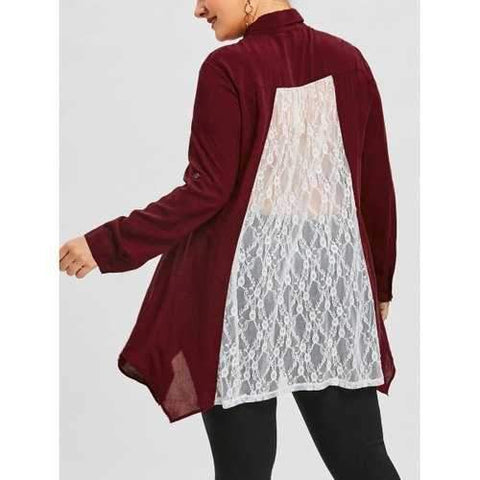 Plus Size Lace Trim Handkerchief Shirt - Wine Red Xl